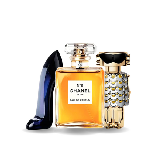 Kombination aus 3 Parfums – Good Girl von Carolina Herrera, Nº5 von Chanel und Fame von Paco Rabanne