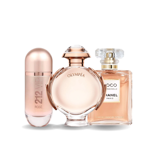 Kombination aus 3 Düften – 212 VIP Rosé von Carolina Herrera, Olympéa von Paco Rabanne und Coco Mademoiselle von Chanel [je 100 ml]
