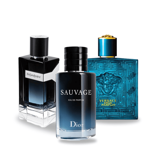 Kombination aus 3 Düften – Y von Yves Saint Laurent, Sauvage von Dior und Versace Eros von Versace