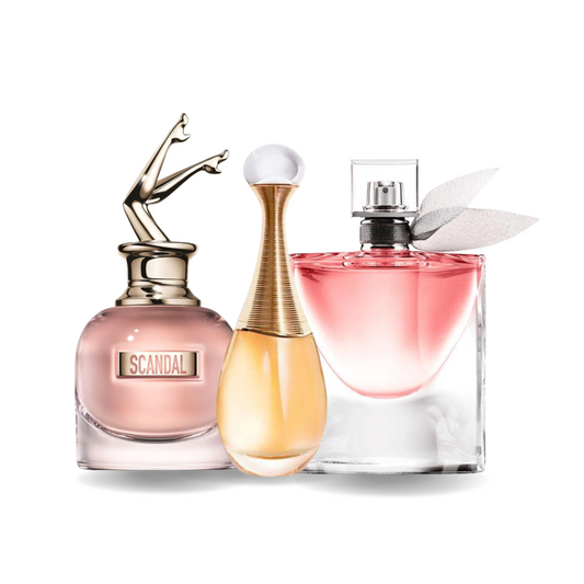 3 Parfümkombinationen - Scandal von Jean Paul Gaultier, J'adore von Dior und La Vie Est Belle von Lancôme